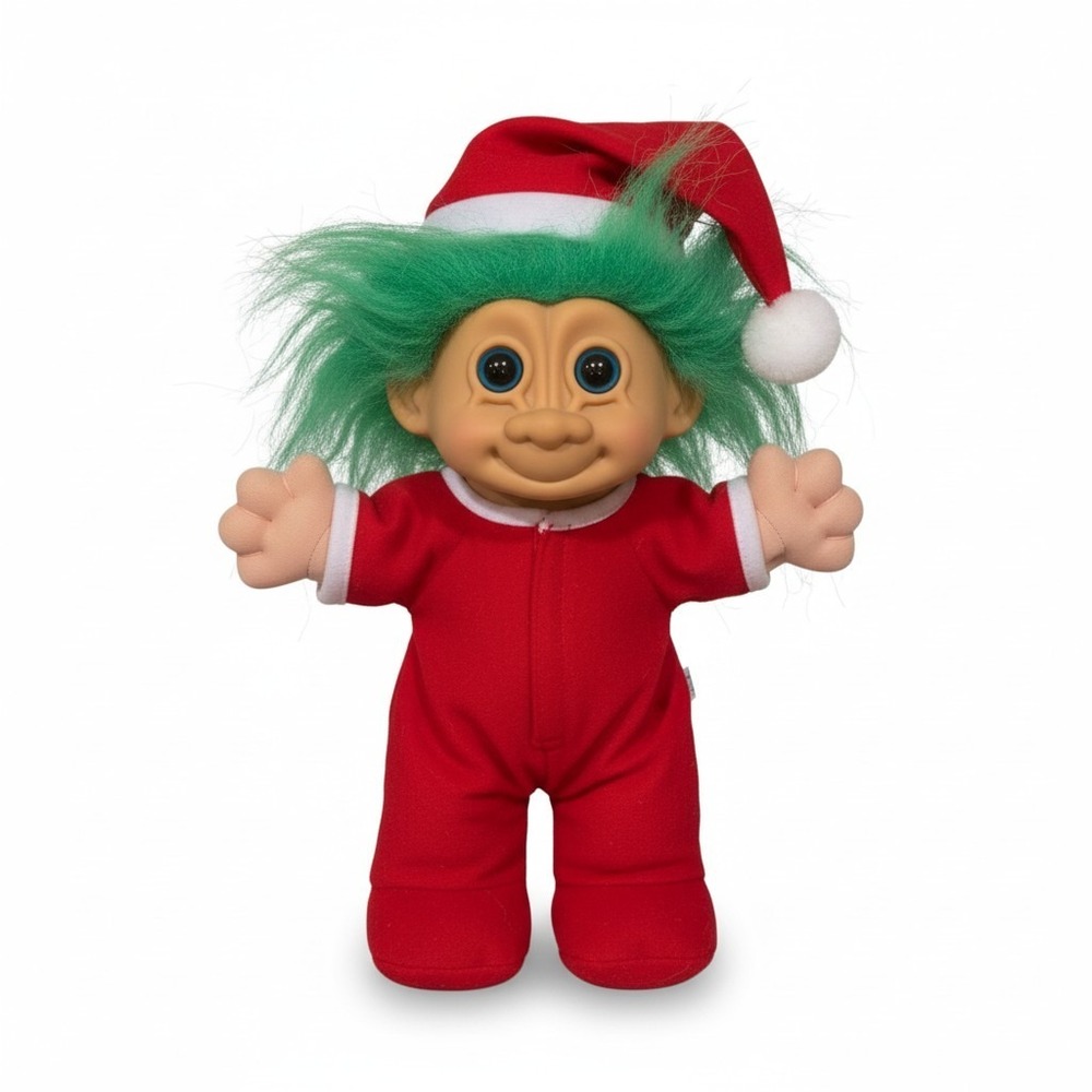 Russ Berrie Vintage Christmas Santa Troll Doll Green Hair Red Suit 2338